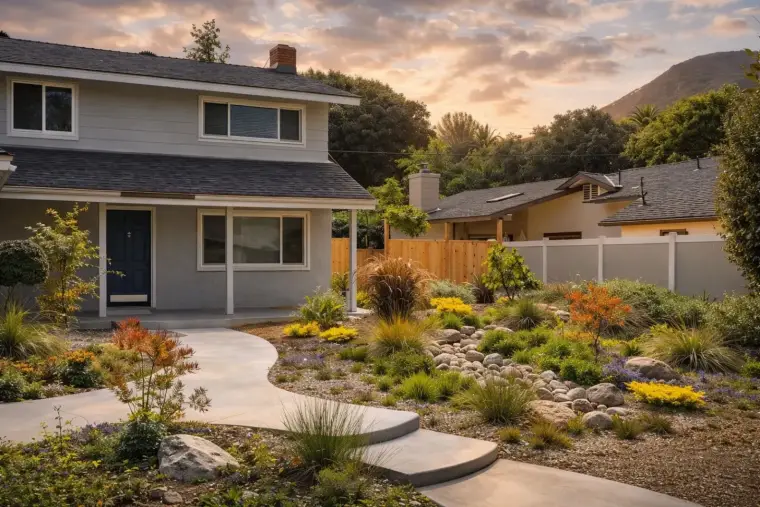 Modern house with landscaped garden, stone pathway, and sunset backdrop.