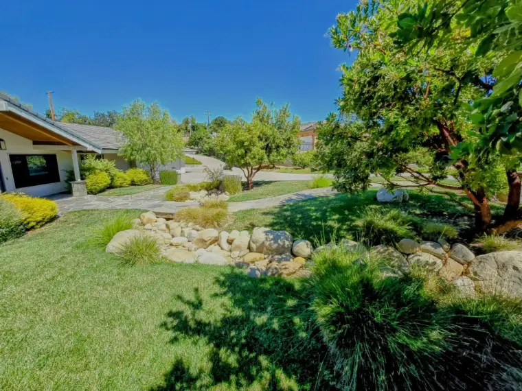 Lush landscaped garden with rocks, trees, and a clear blue sky in the background.