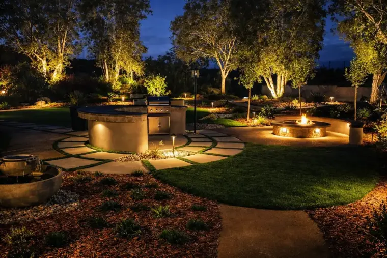 Beautifully lit backyard garden at night, featuring a fire pit, grill, and landscaped paths.
