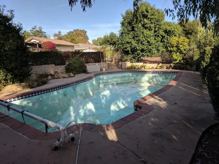 Empty backyard pool surrounded by greenery and patio furniture in a residential setting.