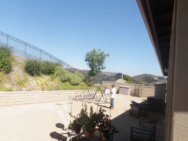 Person standing in a sunlit garden with a hillside and fence in the background.