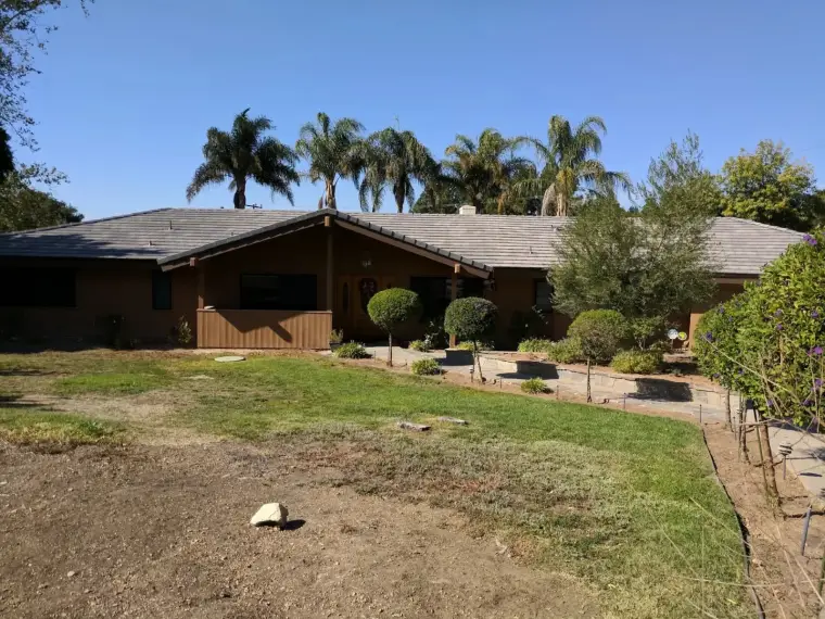Single-story house surrounded by palm trees and well-maintained landscaping.