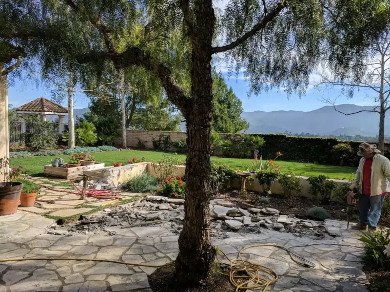 Scenic garden landscape featuring stone pathways, flowers, and a mountain backdrop.