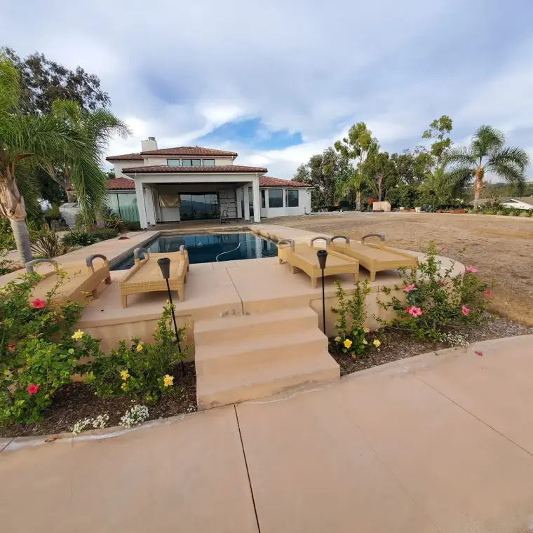 Modern house with pool and landscaped garden featuring palm trees and colorful flowers.