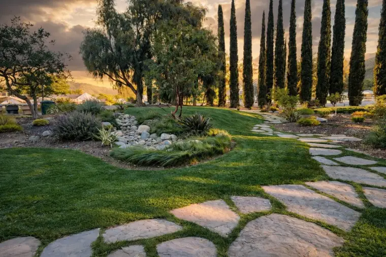 Lush landscaped garden path with stone walkways, trees, and sunset backdrop.